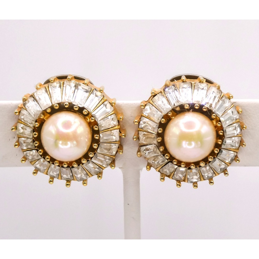Christian Dior Rhinestone Halo Earrings Faux Pearl Vintage 1" Gold Clip-on